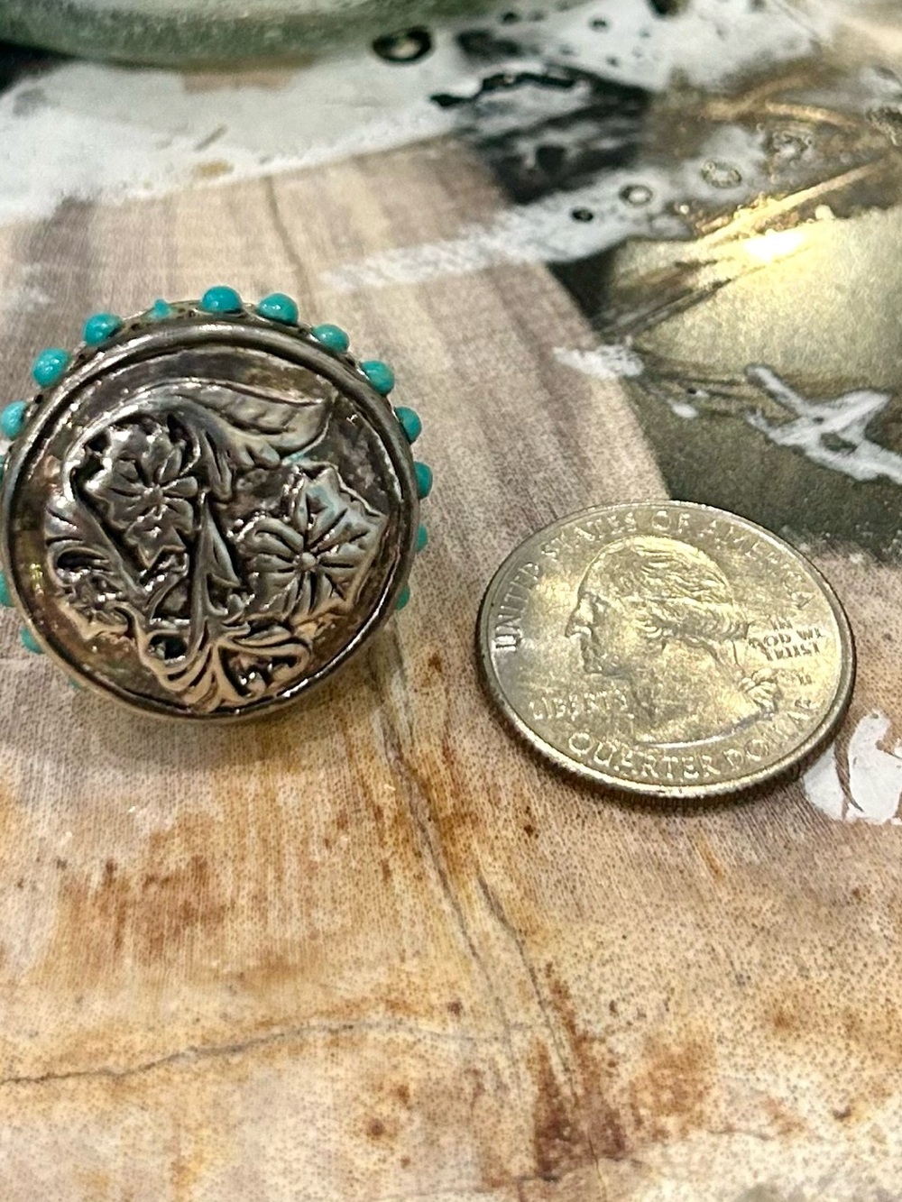 Barse Turquoise Accent Floral Silver Ring - size 6.5